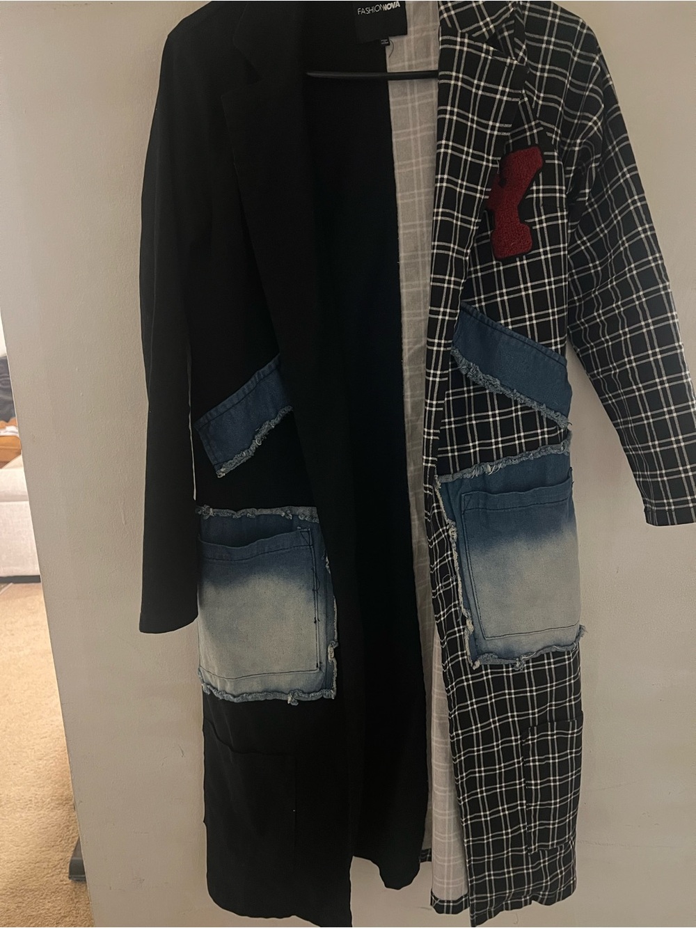 Fashion Nova Black & Blue Mixed-Media Trench Coat with Plaid